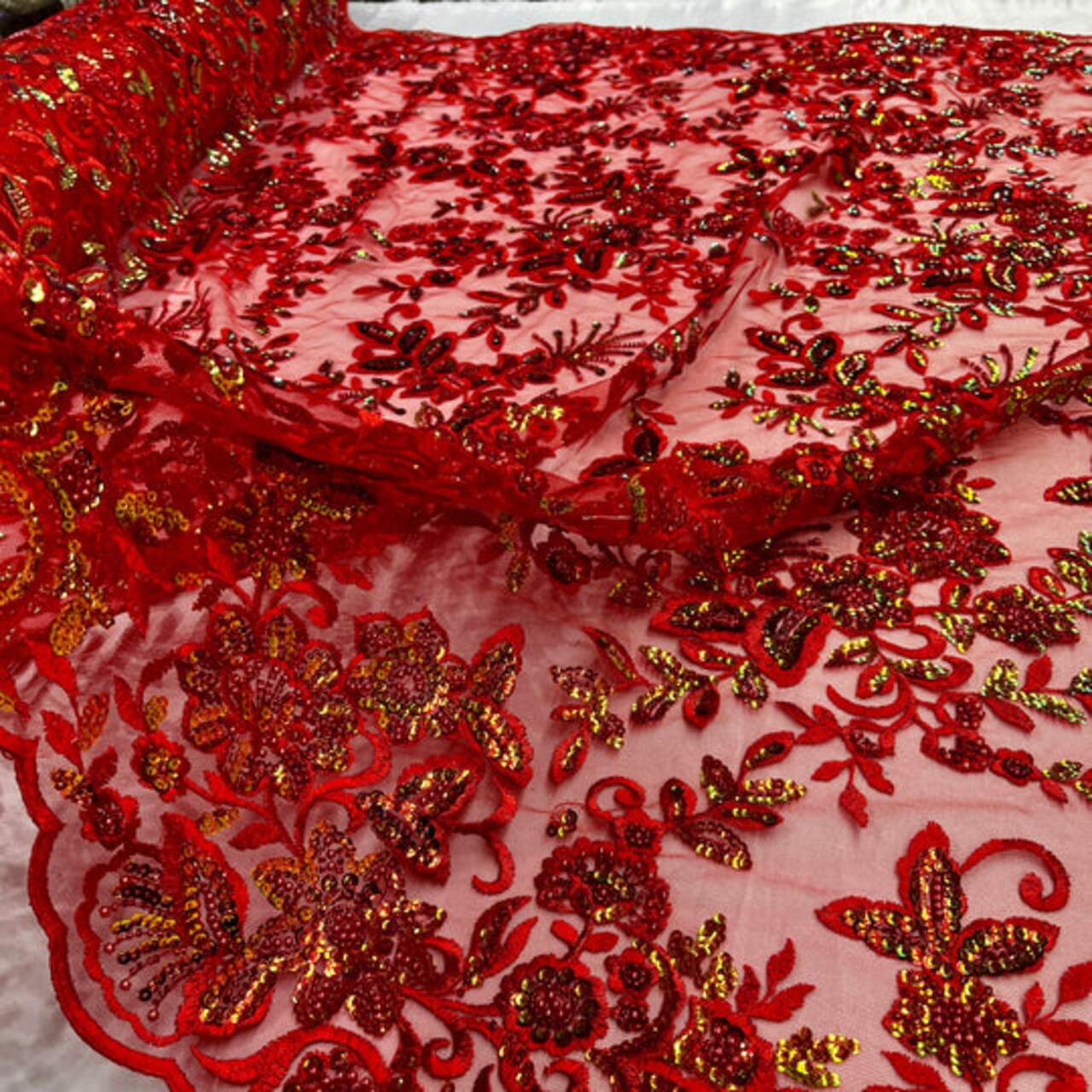 1 Yard Sparkling Beaded and Sequined Lace Fabric Embroidered on Polyester Net Mesh